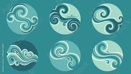 Set of six circular illustrations depicting stylized ocean waves and water swirls in various shades of blue and green.