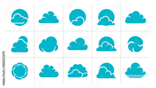 Set of various cloud icons in blue and white, representing weather and sky elements.