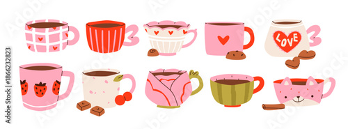 Valentine’s Day mugs with hearts, strawberries, floral designs, animals, and sweet treats. Whimsical cozy cups, warm beverages, and cute kitchen decor.