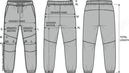 Jogger pants technical drawing with graded measurements, front back rear views, sizing arrows, pattern grading chart, cad drawing flat vector, apparel template, garment specification
