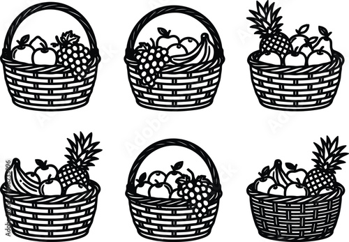 Black and white illustrations of baskets filled with various fruits