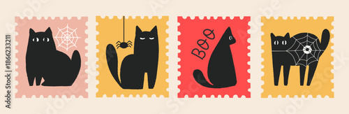 Halloween postage stamp set with black cats, spiders and spooky webs. Hand drawn flat illustration for holiday invitation or stickers