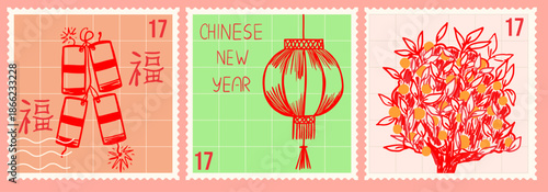 Chinese New Year postage stamp set. Hand drawn illustration with lantern, firecrackers and tangerine tree on grid background