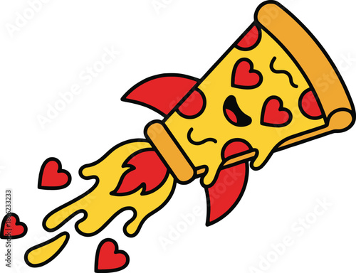 Adorable Love Pizza Character Launching Rocket Valentine Cartoon Illustration full Customizable design. isolated on transparent background