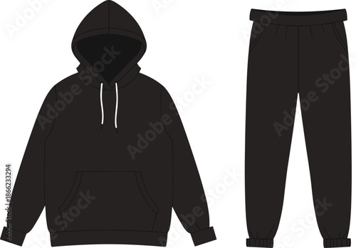 Black hoodie and sweatpants set technical fashion sketch, front view, drawstring hood, kangaroo pocket, elastic waistband and cuffs, cad drawing flat vector, apparel template