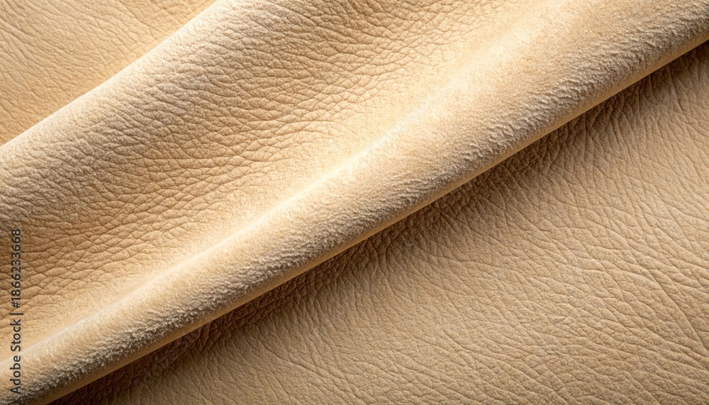 Fototapeta premium Close up of a beige leather texture with subtle wrinkles and folds.