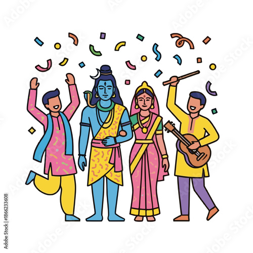 Lord Shiva and Parvati Wedding Ceremony Vivah with People Dancing and Playing Music Vector Illustration for Hindu Marriage and Festival Celebration