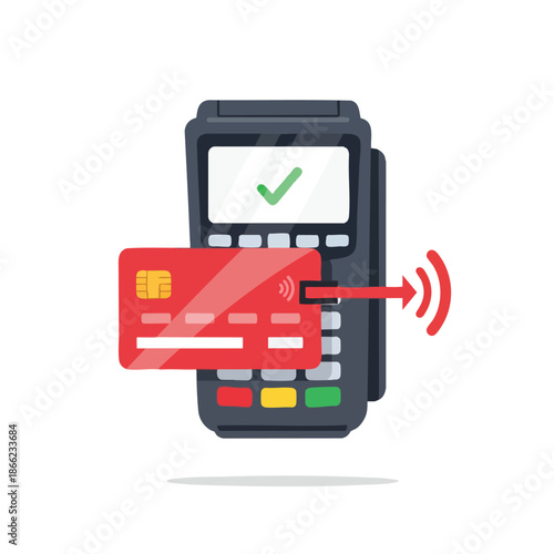 A red credit card interacts with a payment terminal, indicating a successful transaction