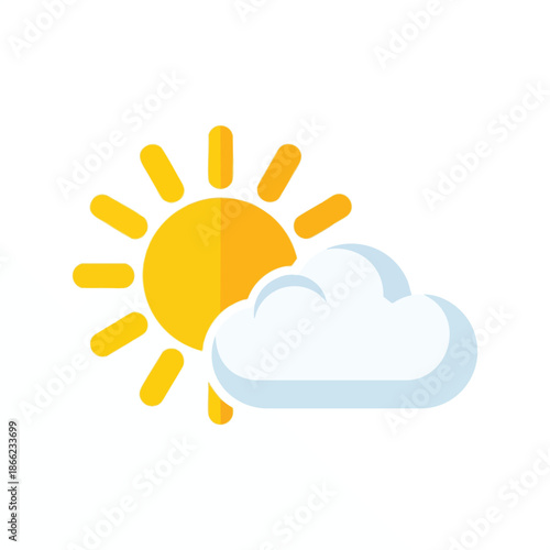 Flat illustration of a yellow sun partially obscured by a white and blue cloud