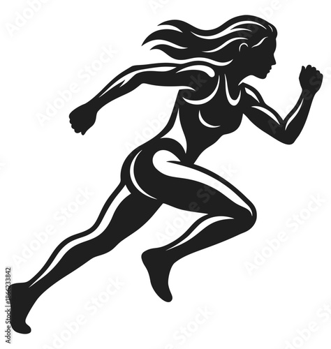 Running woman sprinting forward with strong leg movement and active arm position during a race.