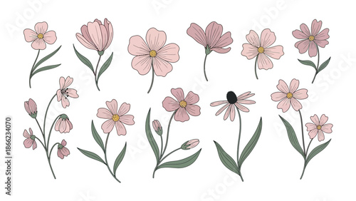 Elegant Floral Ensemble: Exquisite watercolor illustration showcases a delicate assortment of pastel-hued blossoms and verdant foliage, offering a touch of serenity and aesthetic charm.