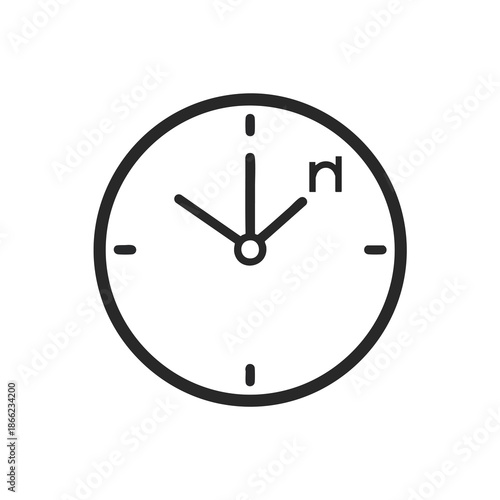 Simple clock icon. Showing a round shape with hour/minute hands and a character "n