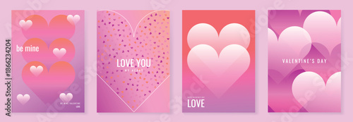 Valentine's Day heart posters set vector background illustration with pink and purple gradients and layered hearts. Romantic design for greeting cards, banners, social media and prints.