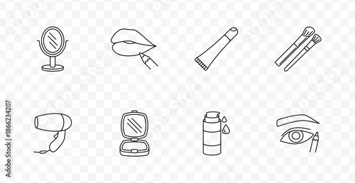 Cosmetic makeup set icon. Mirror, lips with pencil, cream tube, brushes, hair dryer, compact, serum bottle, eye with pencil in beauty application line style.