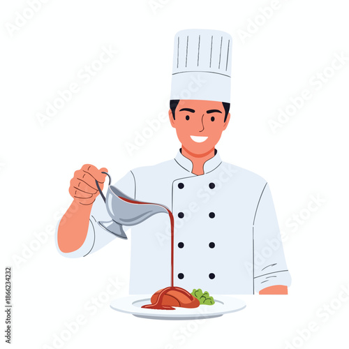 Chef pouring gravy on plated food, smiling, wearing hat and uniform