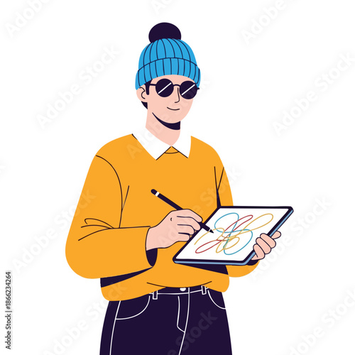 A figure with a beanie and sunglasses draws on a tablet with a stylus