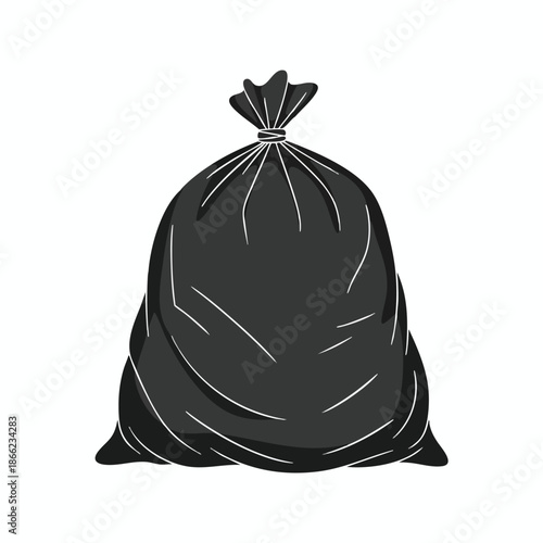 A simple, black garbage bag illustration with white highlights and a twisted top