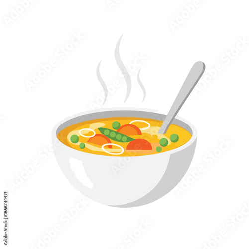 A bowl of hot vegetable soup, with steam rising, and a spoon in the bowl