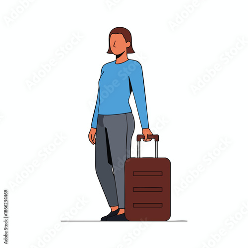 A person with short hair and blue shirt, stands beside a brown suitcase on white