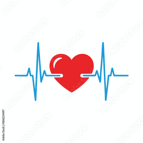 A red heart is centered on a blue electrocardiogram on a white background