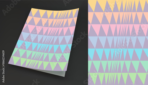 Background of many triangles. Softcover book layout. Cover design template. Geometric pattern. Dynamic effect and optical illusion. Vector illustration for brochure, planner, diary, notebook, notepad.