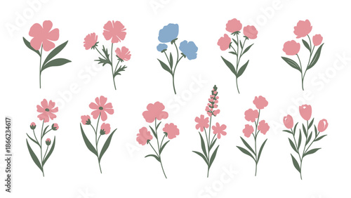 Floral Symphony: An array of stylized flower blossom gracefully. These delicate designs bloom with an inherent sense of elegance, ideal for a variety of creative ventures.