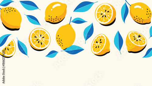 Lemon and Blue Leaf Graphic Illustration Pattern