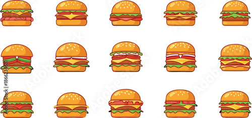 Cartoon Burger Icon Set Vector Hamburger Illustration Collection