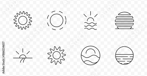 Sun and weather state set icon. Gears, waves, lines, and horizon elements show different solar conditions like sunrise, daylight, and heat in symbolic environmental contexts
