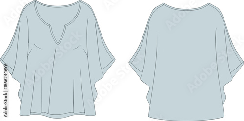 Loose fit batwing sleeve top technical sketch, front and back view, scoop neckline, apparel template, cad drawing flat vector