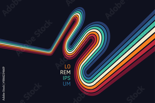 A retro 1970s-style background. Colorful lines. Abstract, dynamic curved ribbons. A serpentine curve of a race track. Designed for posters or banners for sports competitions. Vector illustration.