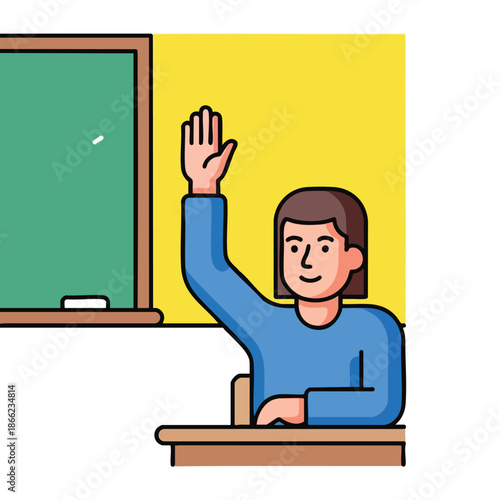 A student raises their hand in class, with a chalkboard to the left
