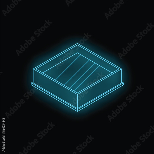 Neon sandbox icon glowing on black background representing childhood memories, summer fun, and playground equipment