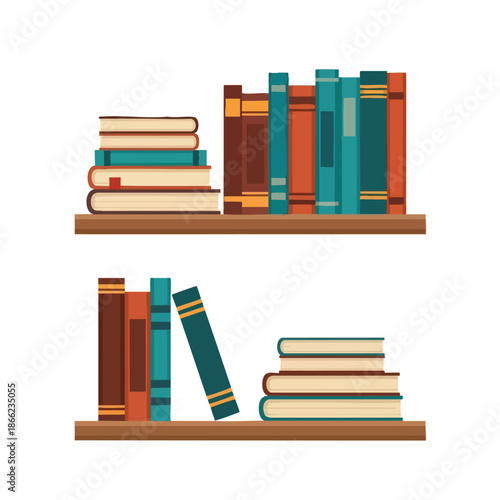 Colorful books arranged on two wooden shelves against a white background