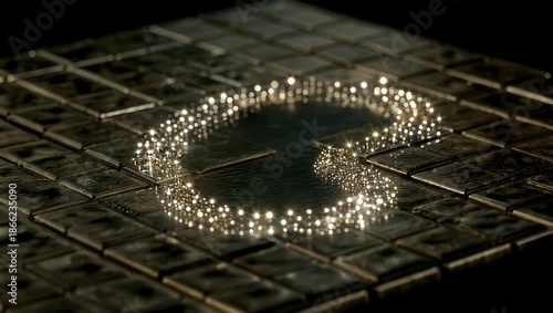 Shimmering golden particles forming a fluid shape on a textured grid
