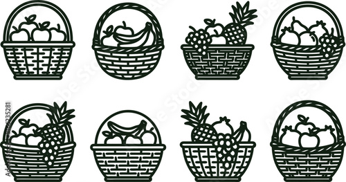 Eight baskets of assorted fruits in a graphic line art style