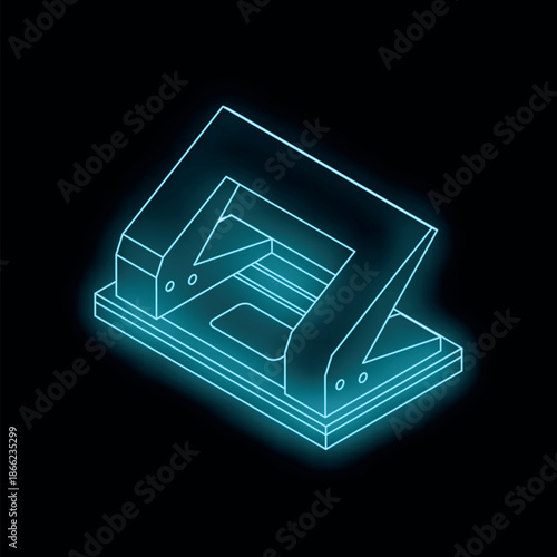 Neon blue hole punch glowing on a dark background, representing office supplies and stationery