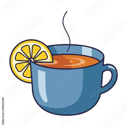 Cartoon depiction of a blue teacup with a lemon slice and a wisp of steam