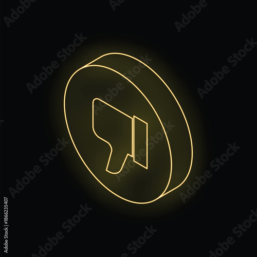 Glowing neon yellow thumbs down dislike symbol is inside a round button on a black background