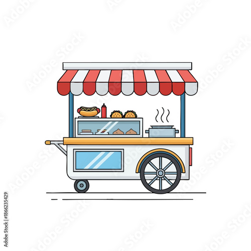 A stylized food cart features a red-and-white striped awning and wheels