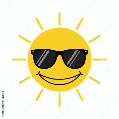 A smiling cartoon sun wearing sunglasses, radiating sunshine
