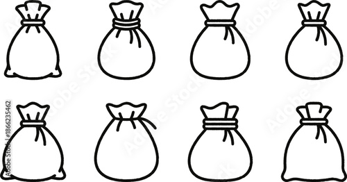 Eight black and white money bags with strings on white background