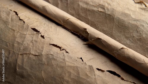 aged parchment scroll unfurling with textured details and rough torn edges revealing shadows