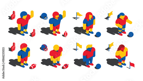 Colorful Isometric American Football Players and Equipment Set. 3D Vector Illustration for Sports Design and Game Elements.