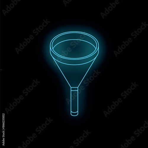 Neon blue funnel glowing on a dark background, representing filtering, sorting, and concentration of data or resources