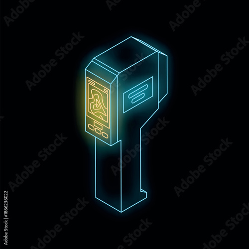 Glowing isometric thermal scanner measuring temperature on a dark background