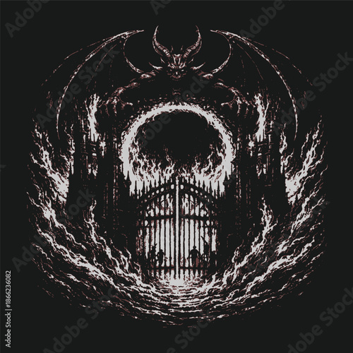 Dark hell gate formed from skulls and fire illustrated in intense black and white engraving style, infernal fantasy artwork for horror and occult design