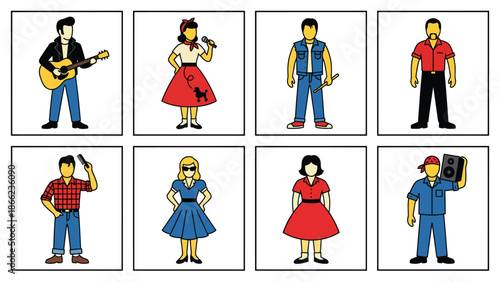 Retro Cartoon Characters Set: Diverse Subcultures, Fashion & Lifestyles from Different Eras
