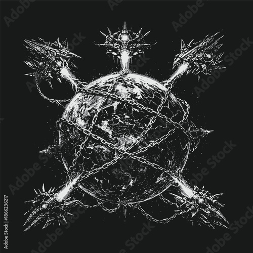 Planet Earth wrapped in heavy chains illustrated in dramatic black and white engraving style, symbolic global crisis artwork representing control, restriction, and confinement