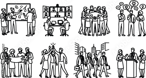 line drawing of various business people working and interacting in different settings
